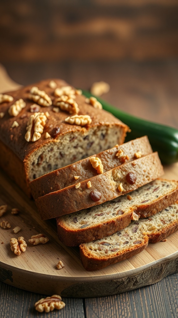 A loaf of zucchini bread with walnuts, sliced and displayed on a wooden board.