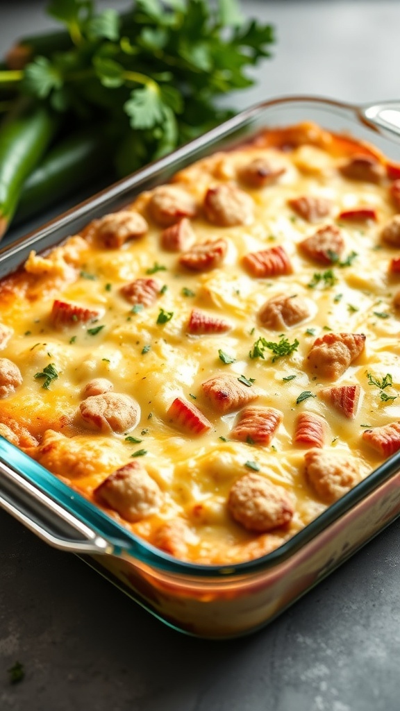 A delicious zucchini casserole topped with cheese and herbs, ready to be served.
