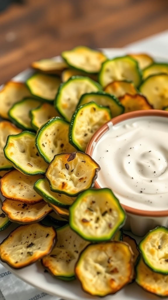 A plate of crispy zucchini chips with a creamy dip in a small bowl.