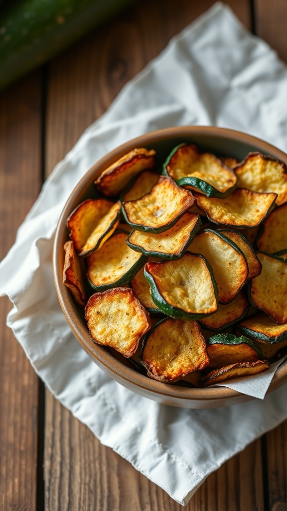 A bowl of crispy zucchini chips with sea salt on a wooden table.