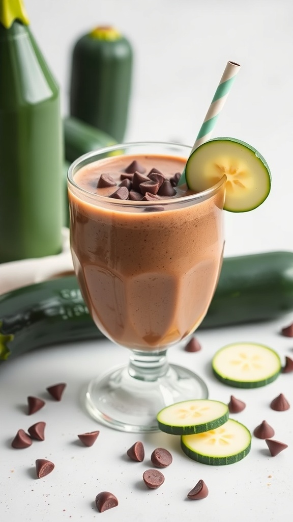 A glass of Zucchini Chocolate Shake topped with chocolate chips and a cucumber slice, surrounded by zucchinis and chocolate chips.
