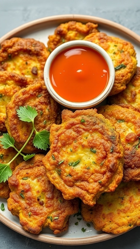 A plate of golden zucchini fritters with a small bowl of dipping sauce