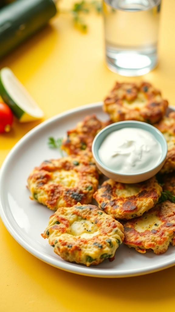 A plate of crispy zucchini fritters with a yogurt dip
