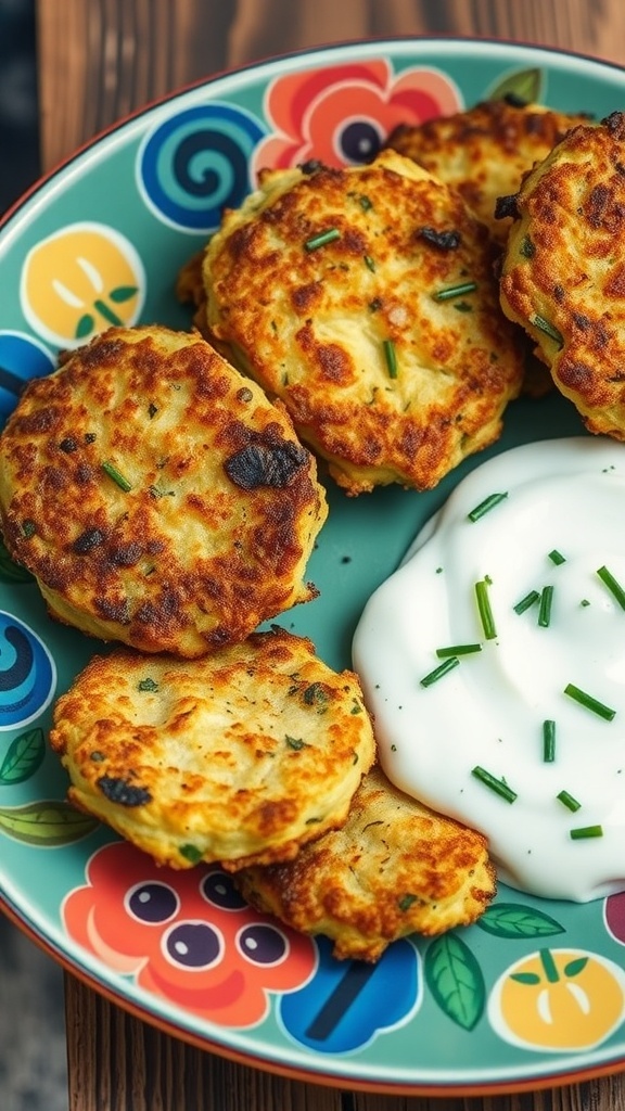 A colorful plate of zucchini fritters served with tzatziki sauce.