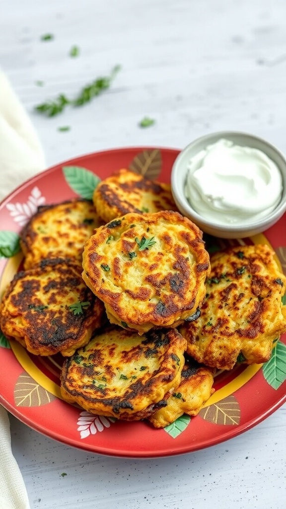 A plate of golden-brown zucchini fritters served with tzatziki sauce.