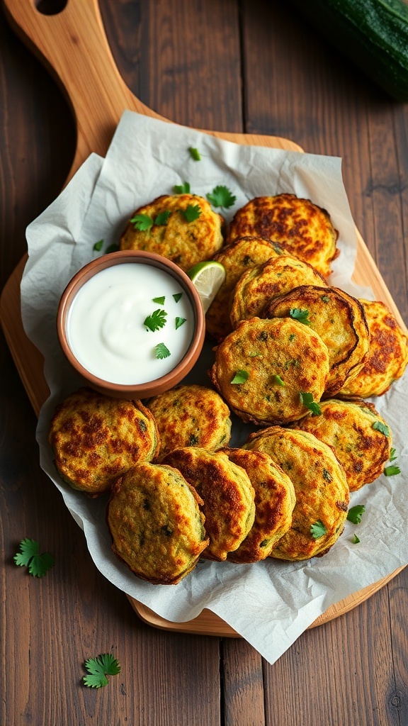 A plate of golden zucchini fritters served with a yogurt dip and garnished with fresh cilantro.