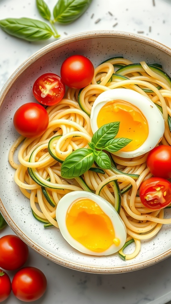 A colorful breakfast bowl with zucchini noodles, cherry tomatoes, and soft-boiled eggs garnished with fresh basil.