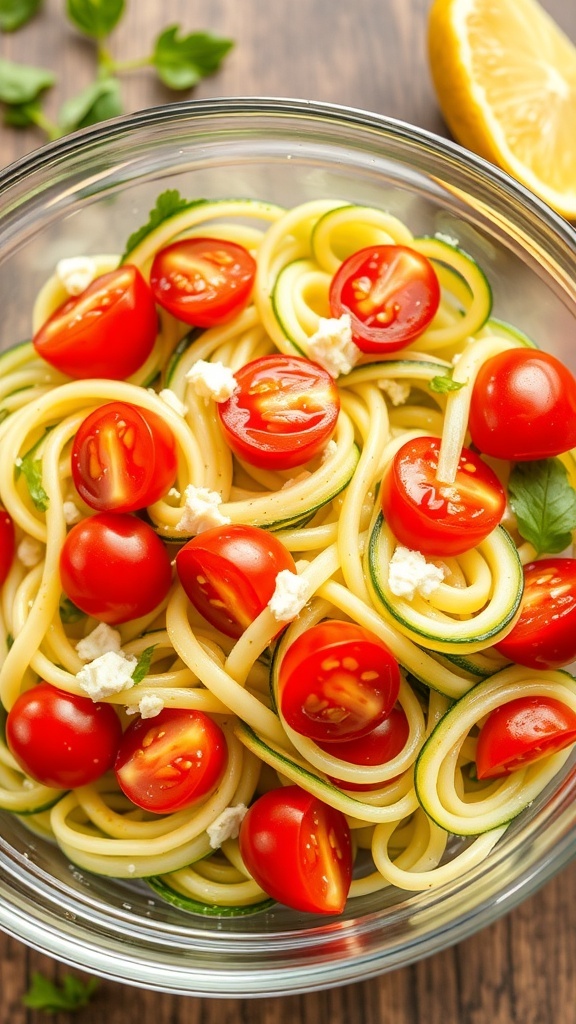 A bowl of zucchini noodles with cherry tomatoes and lemon slices, surrounded by fresh tomatoes and basil leaves.