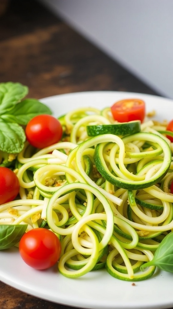 A colorful zucchini noodle salad with cherry tomatoes and basil, garnished with lemon slices.