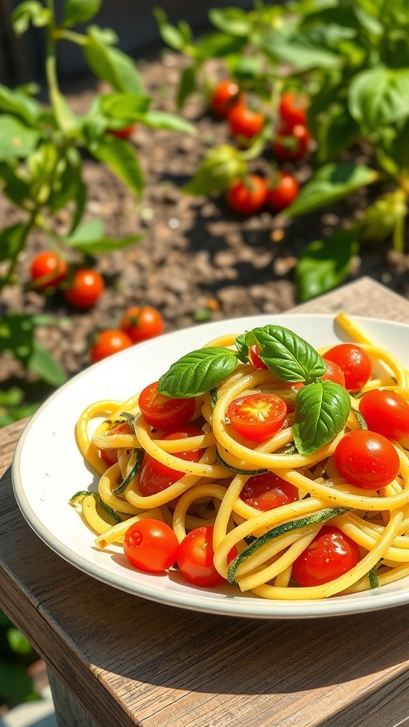A plate of zucchini noodles topped with cherry tomatoes and fresh basil, with a garden background.