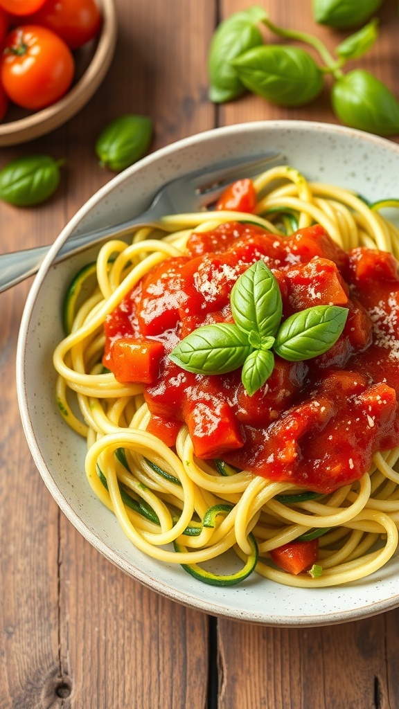 A plate of zucchini noodles topped with marinara sauce and fresh basil leaves.