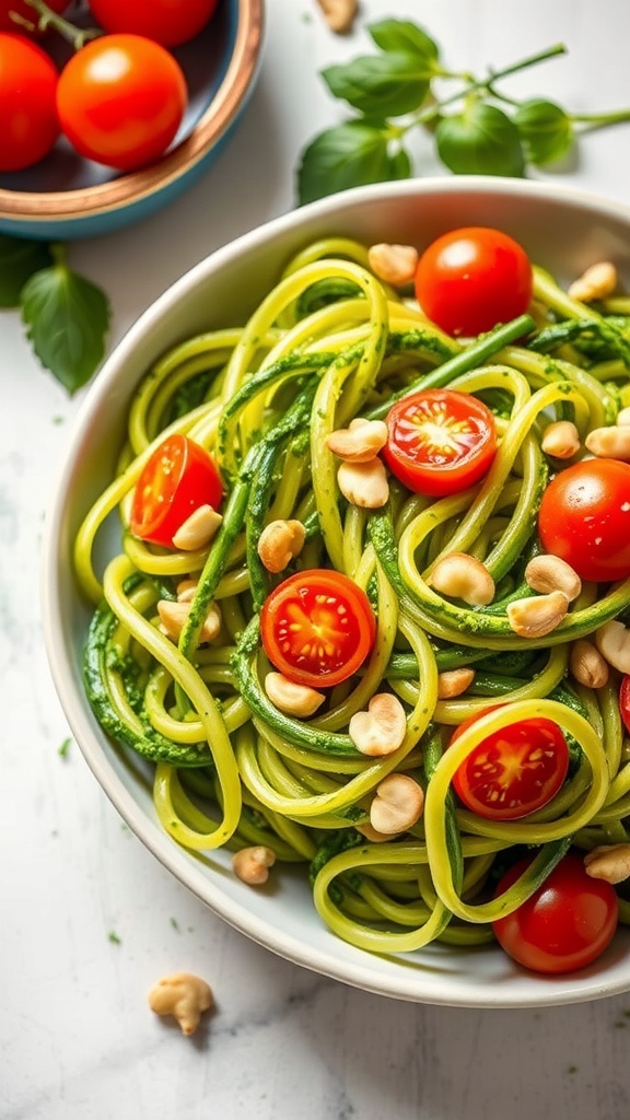 A bowl of zucchini noodles with pesto, topped with cherry tomatoes and peanuts.