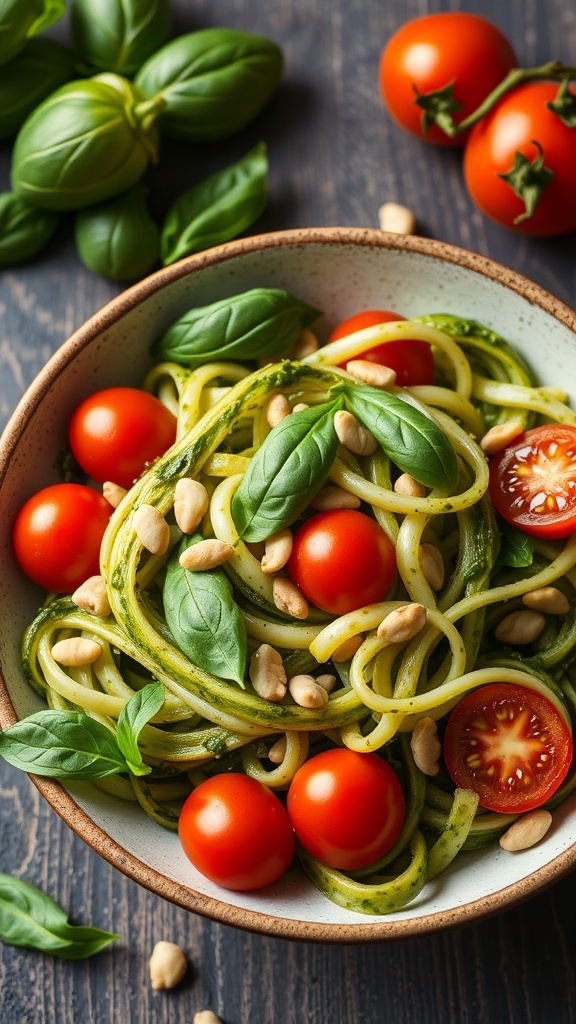 A bowl of zucchini noodles with pesto, cherry tomatoes, and basil leaves on a wooden table