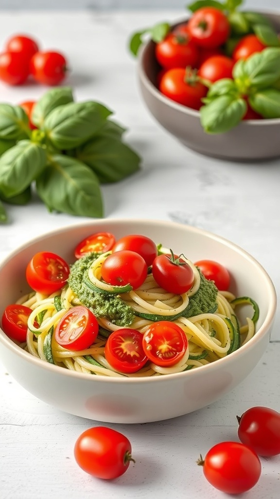 A bowl of zucchini noodles topped with pesto and cherry tomatoes, surrounded by fresh basil leaves.