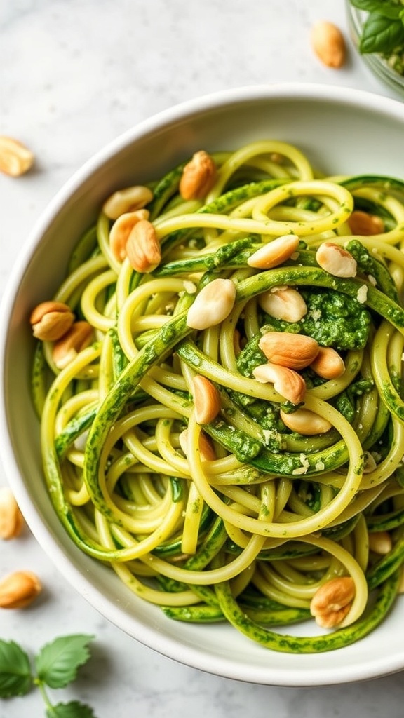 A bowl of zucchini noodles tossed in pesto, garnished with nuts.