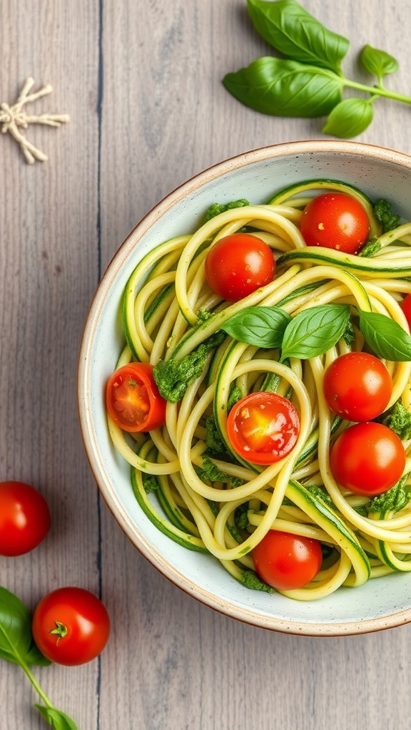 A bowl of zucchini noodles topped with pesto and cherry tomatoes, garnished with fresh basil leaves.