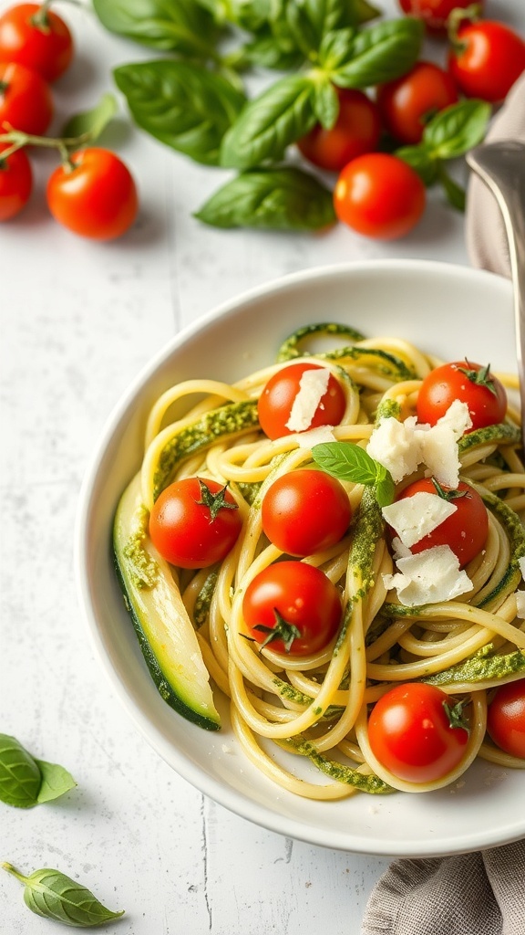 A bowl of zucchini noodles with pesto, topped with cherry tomatoes and basil leaves.