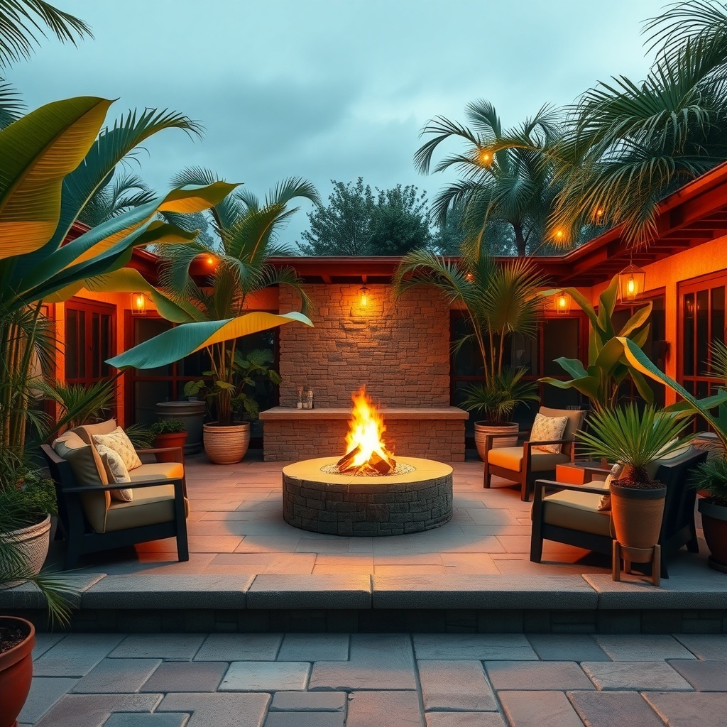 A cozy outdoor fire pit surrounded by tropical plants and comfortable seating.