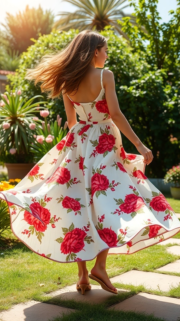 A woman in a floral print skirt with red roses, twirling in a garden.