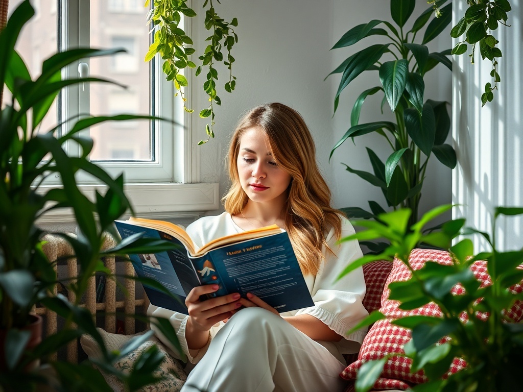A woman reading a book in a bright, plant-filled room, symbolizing personal development.
