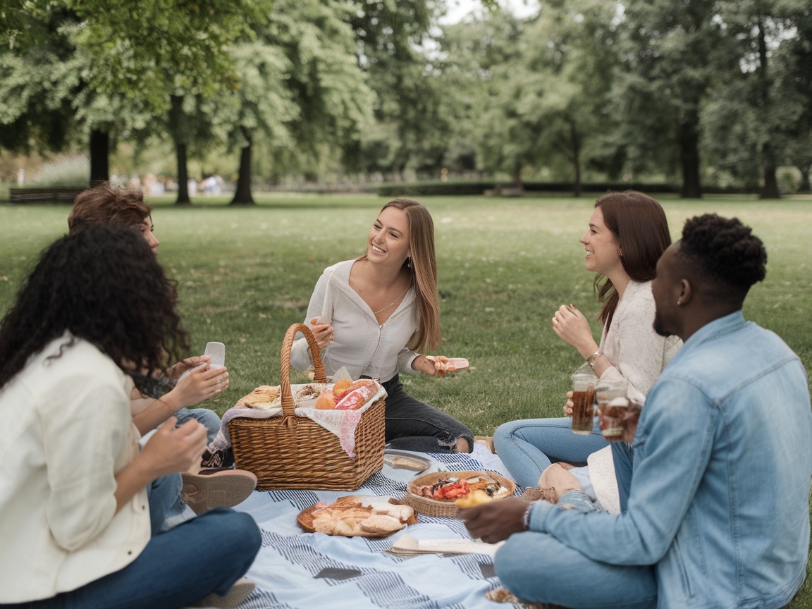 A group of friends enjoying a picnic in a park, laughing and sharing food.