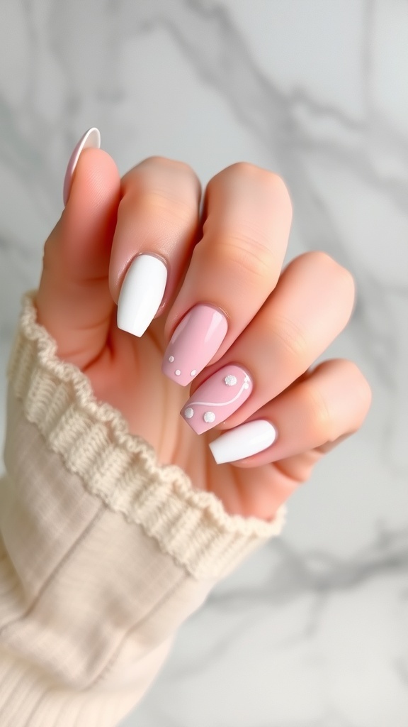 A hand with short pastel pink nails featuring minimalist designs, resting on a marble surface next to decorative elements.