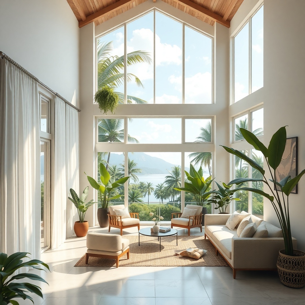 Bright living room with large windows, tropical plants, and a serene view.