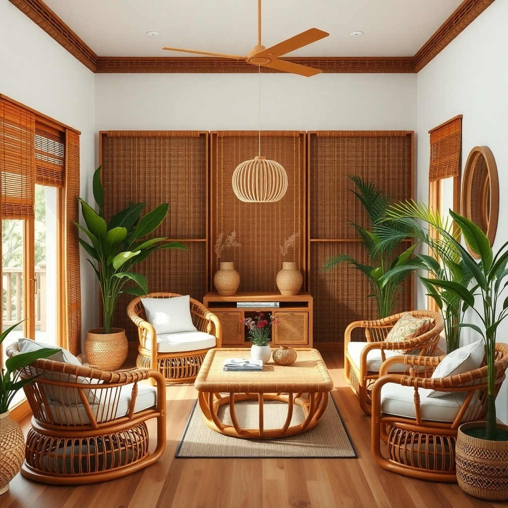 A cozy tropical living room featuring rattan furniture, wooden accents, and lush greenery.