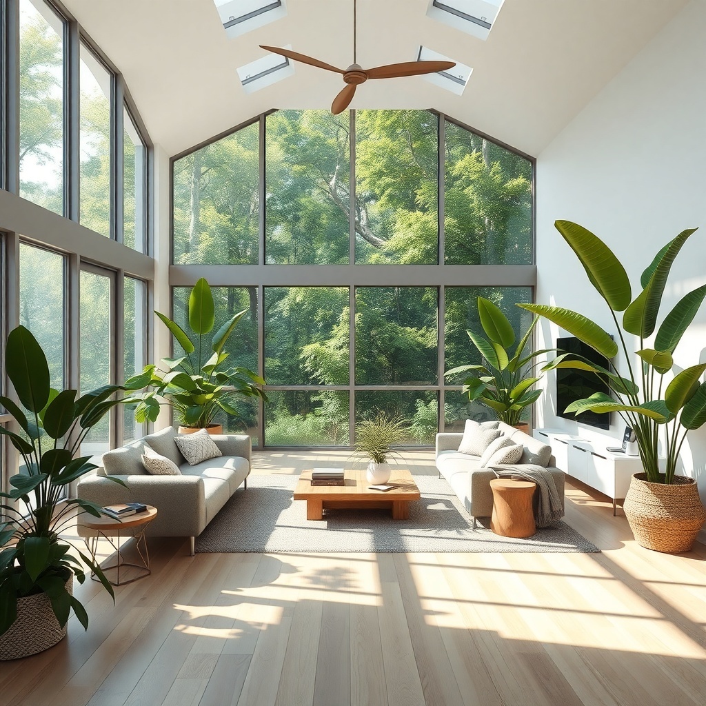 Bright open-concept living space with large windows and tropical plants.