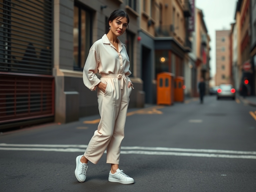 A woman wearing a pastel-colored jumpsuit and white sneakers, standing on a city street.