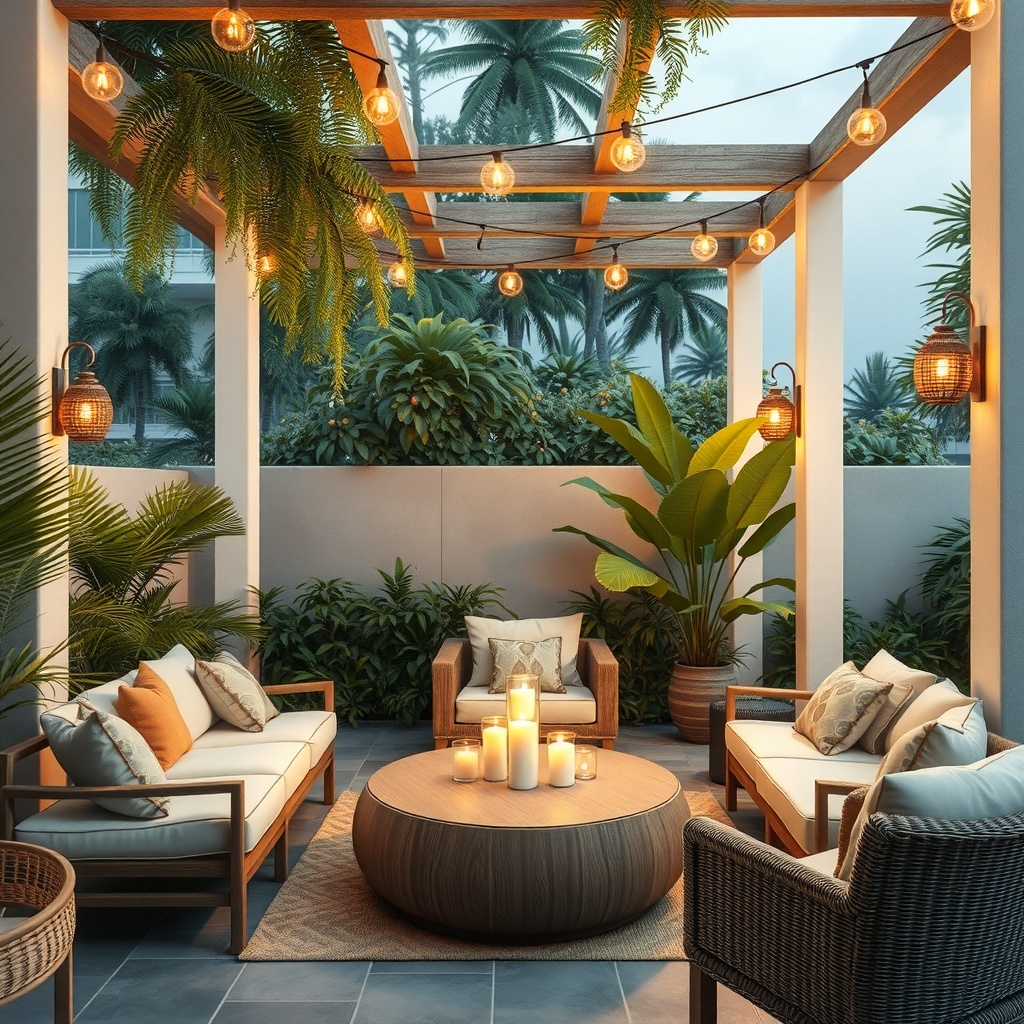 A serene outdoor lounge with comfortable seating, warm lighting, and lush greenery.