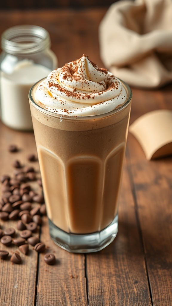 A delicious mocha coffee protein smoothie topped with whipped cream and cocoa powder, surrounded by coffee beans.