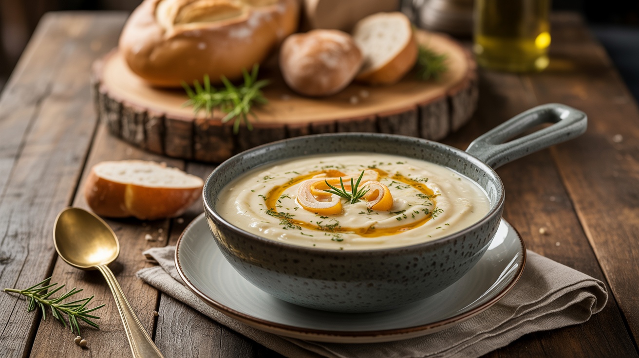 Eine Schüssel Käse-Lauch-Suppe mit Lauch und Käse, auf einem rustikalen Tisch mit Brot.