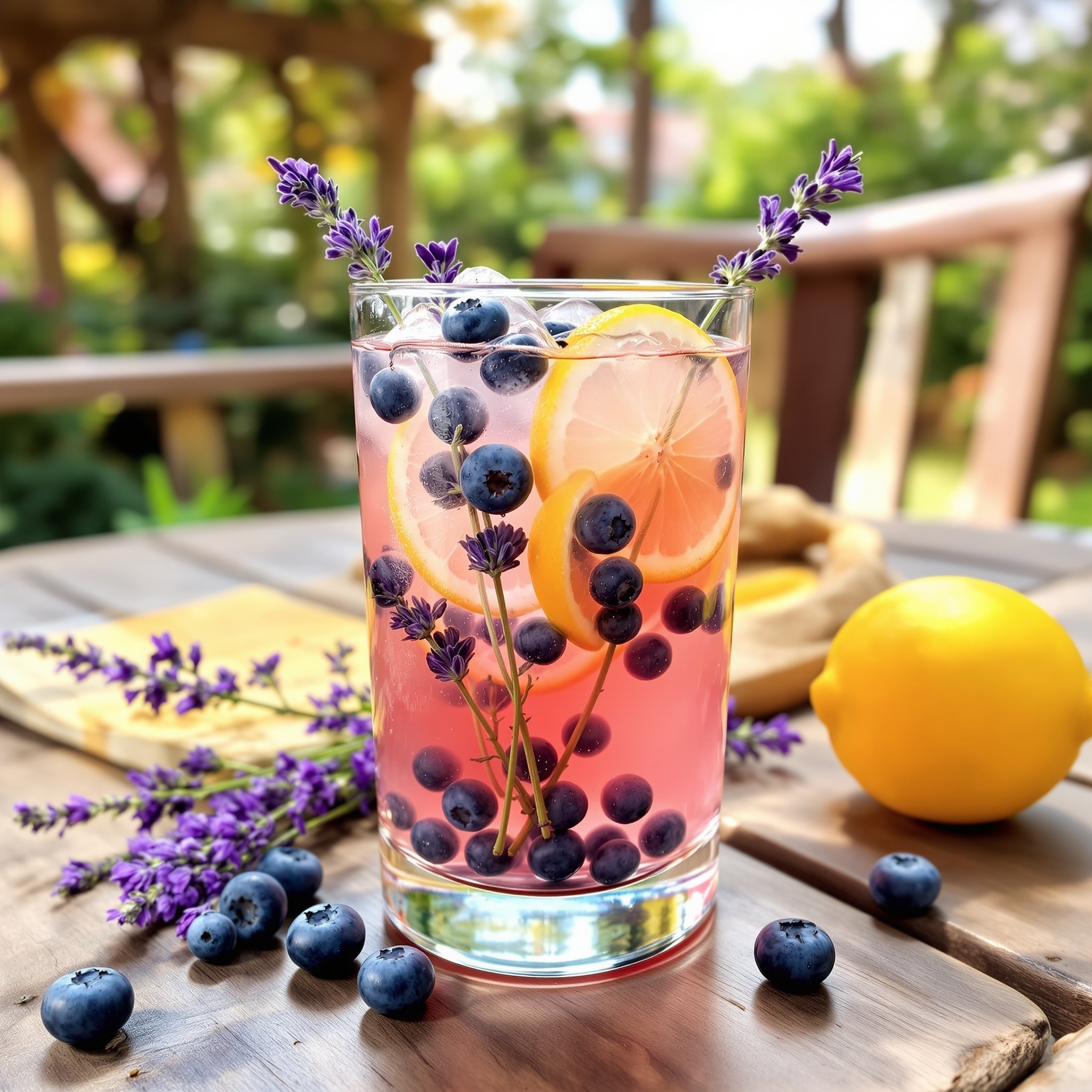 Ein Glas Blueberry Lavender Lemonade mit Zitronenscheiben und Lavendelblüten, umgeben von frischen Blaubeeren und einer Zitrone.
