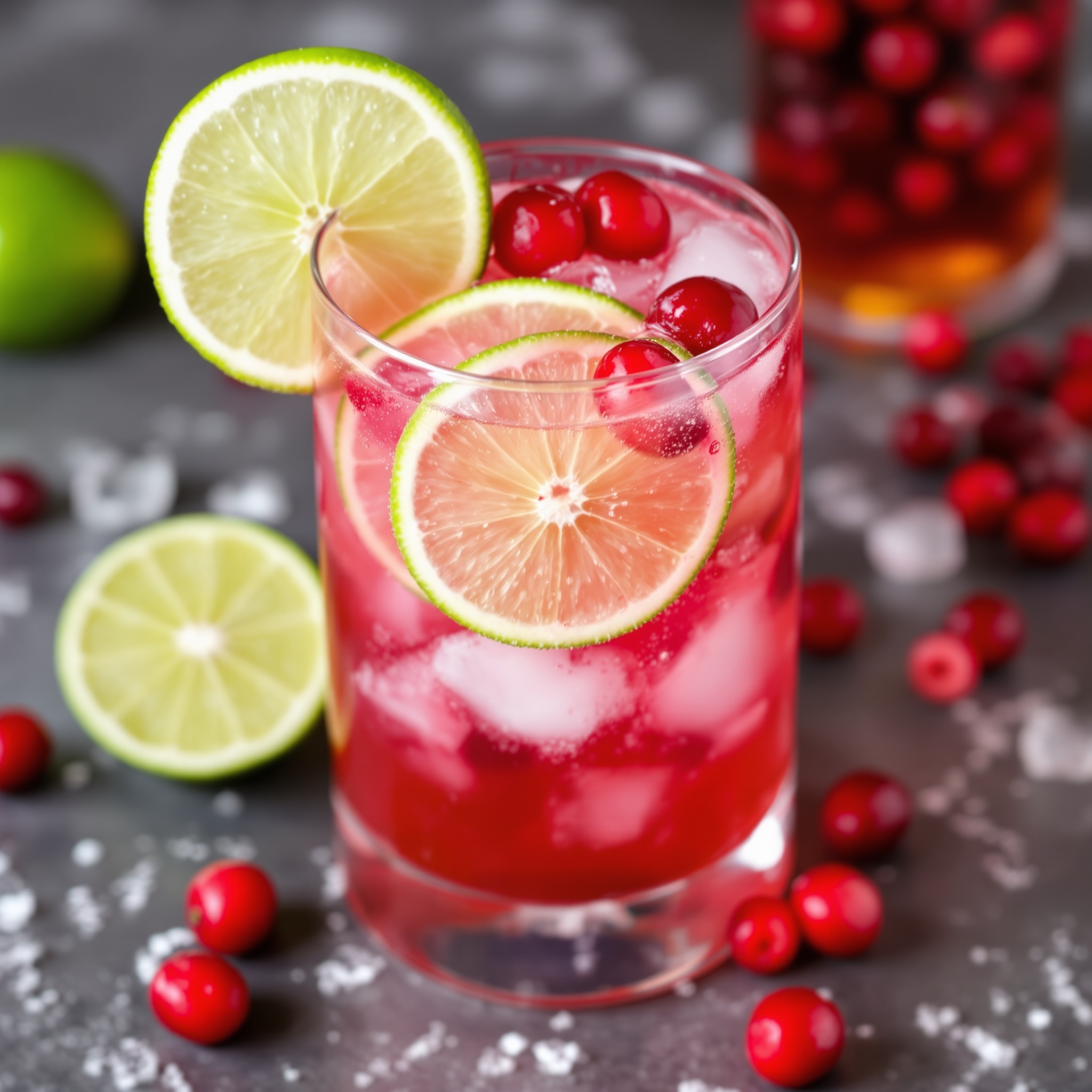 Ein erfrischender Cranberry Lime Spritzer mit Limettenscheiben und frischen Cranberries