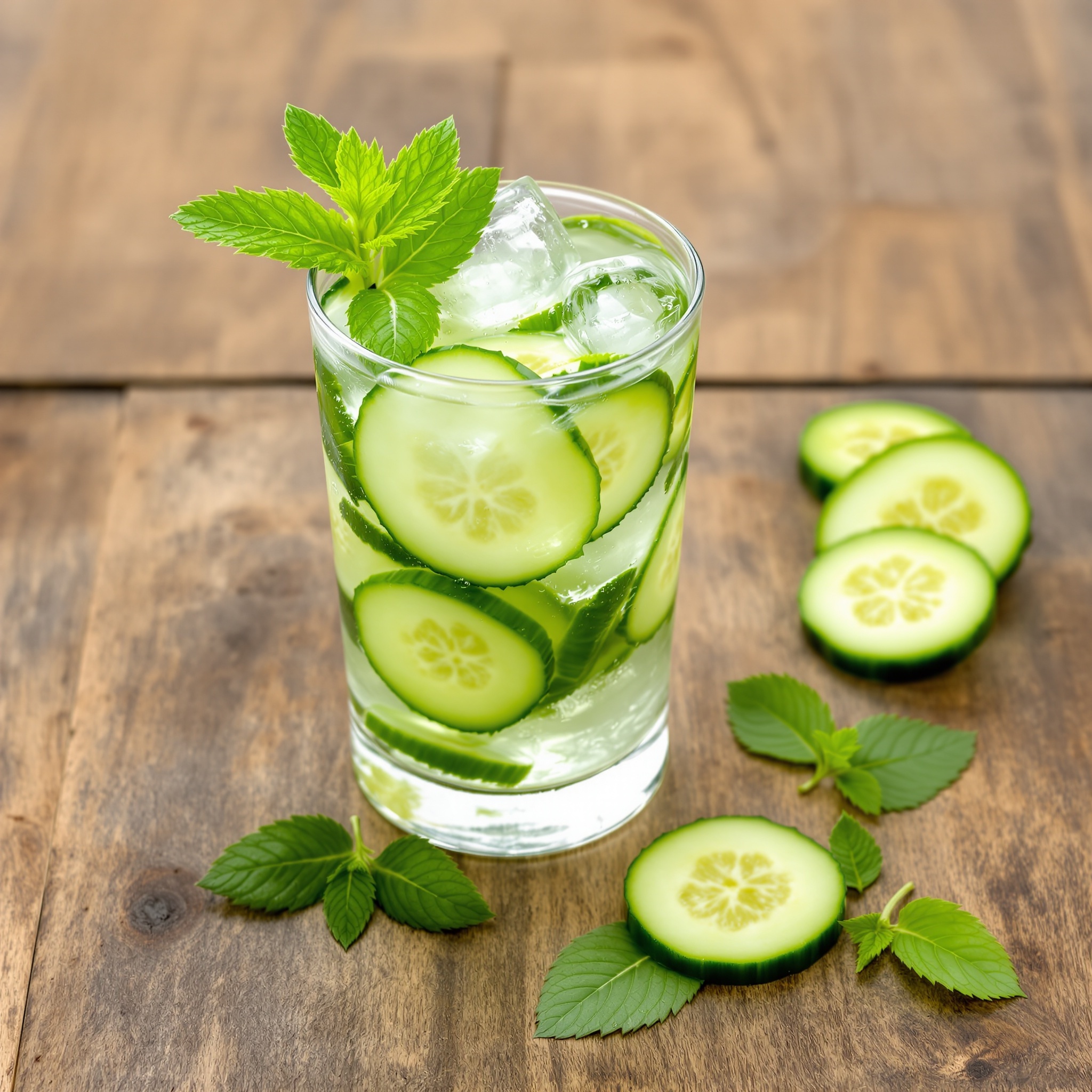 Ein erfrischender Cucumber Mint Cooler mit Gurkenscheiben und Minze in einem Glas