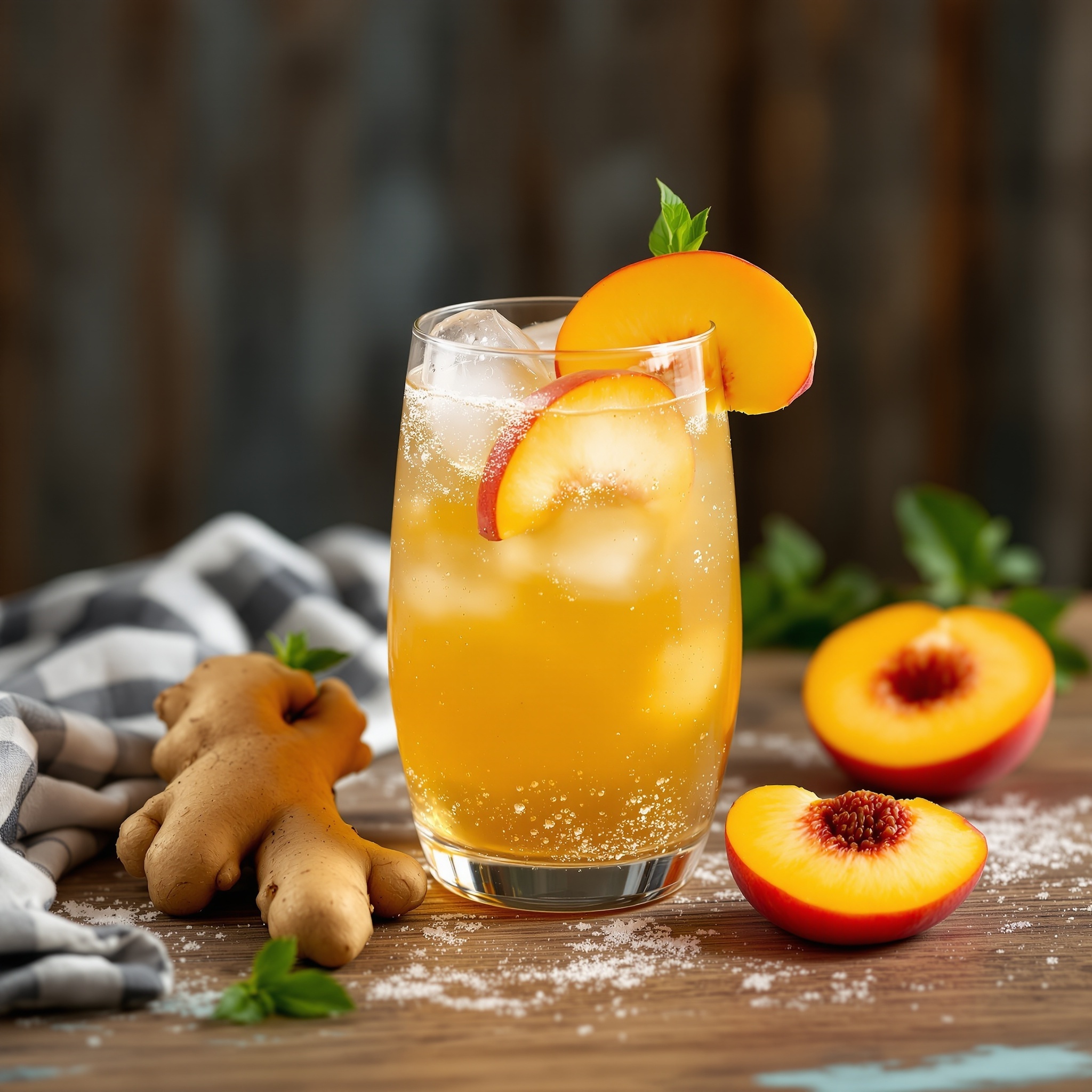 Ein erfrischender Ginger Peach Fizz Cocktail mit Ingwer und Pfirsichscheiben, serviert in einem Glas mit Eis.
