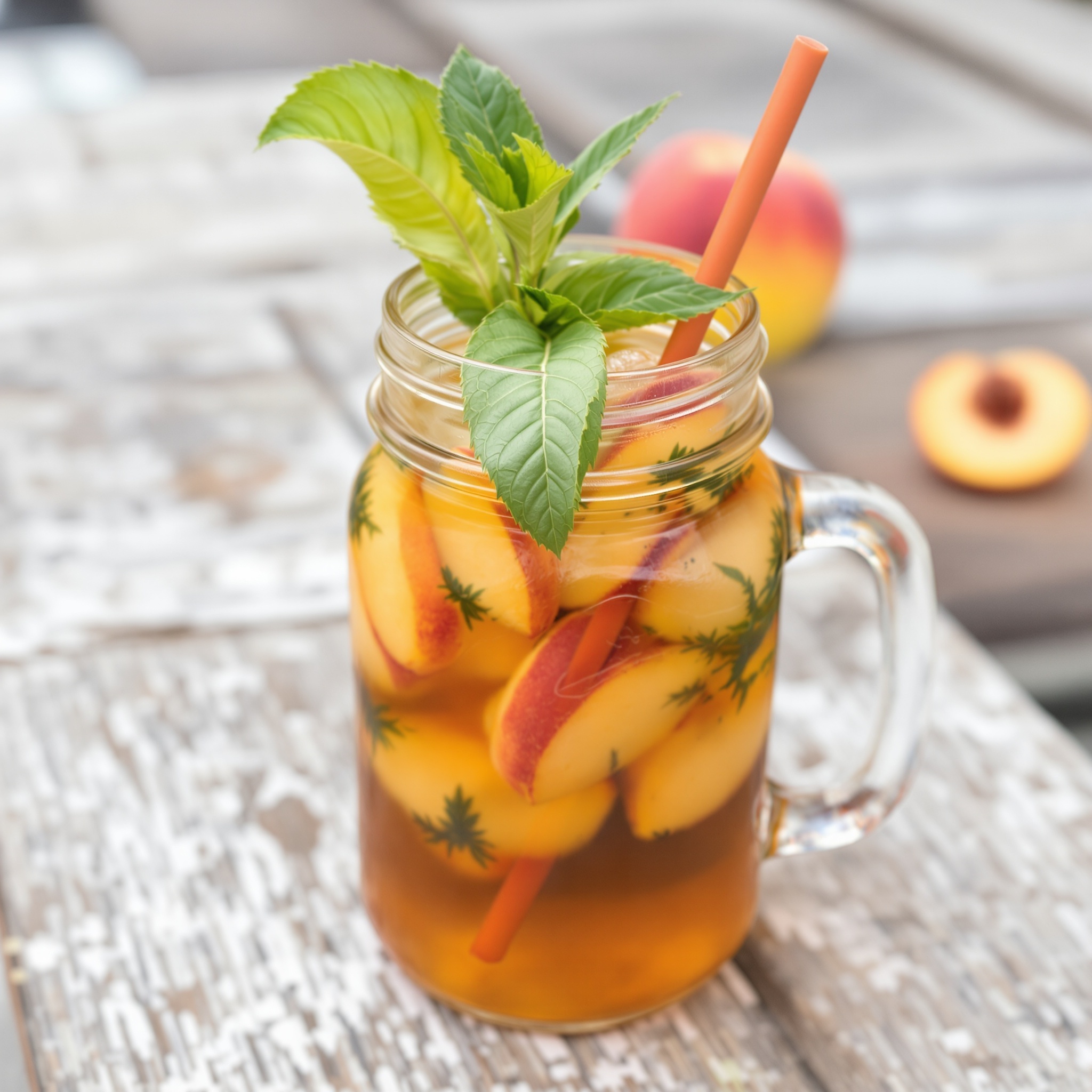 Ein Glas Peach Basil Iced Tea mit Pfirsichscheiben und frischem Basilikum