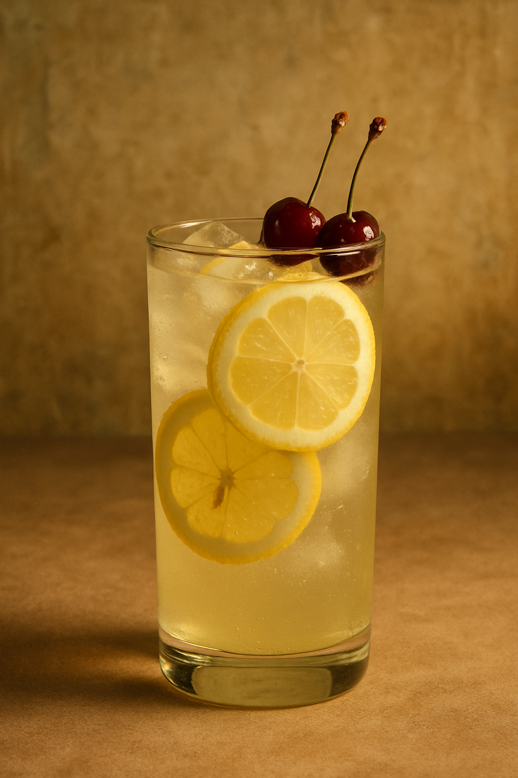 Ein erfrischender Tom Collins Cocktail mit Zitronenscheiben und Kirschen