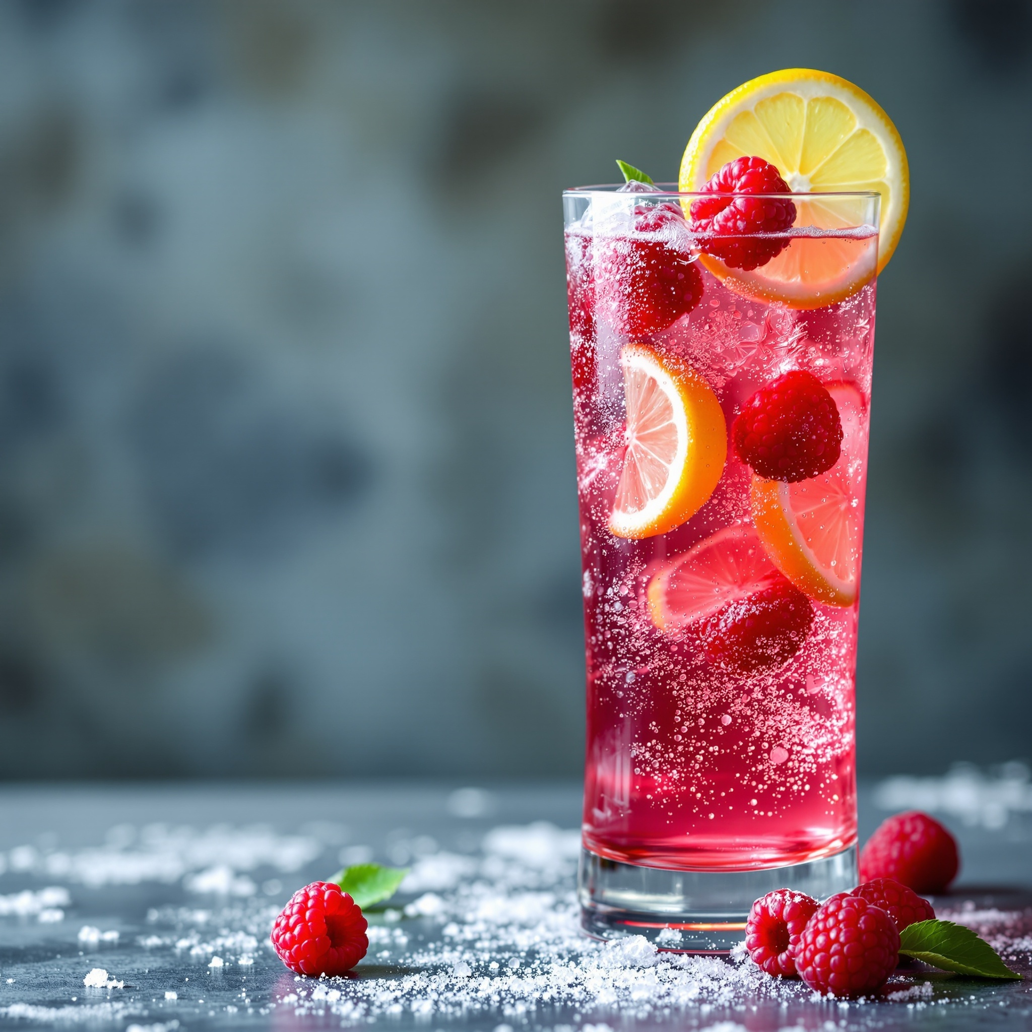 Ein Glas Sparkling Raspberry Lemonade Fizz mit Himbeeren und Zitronenscheiben