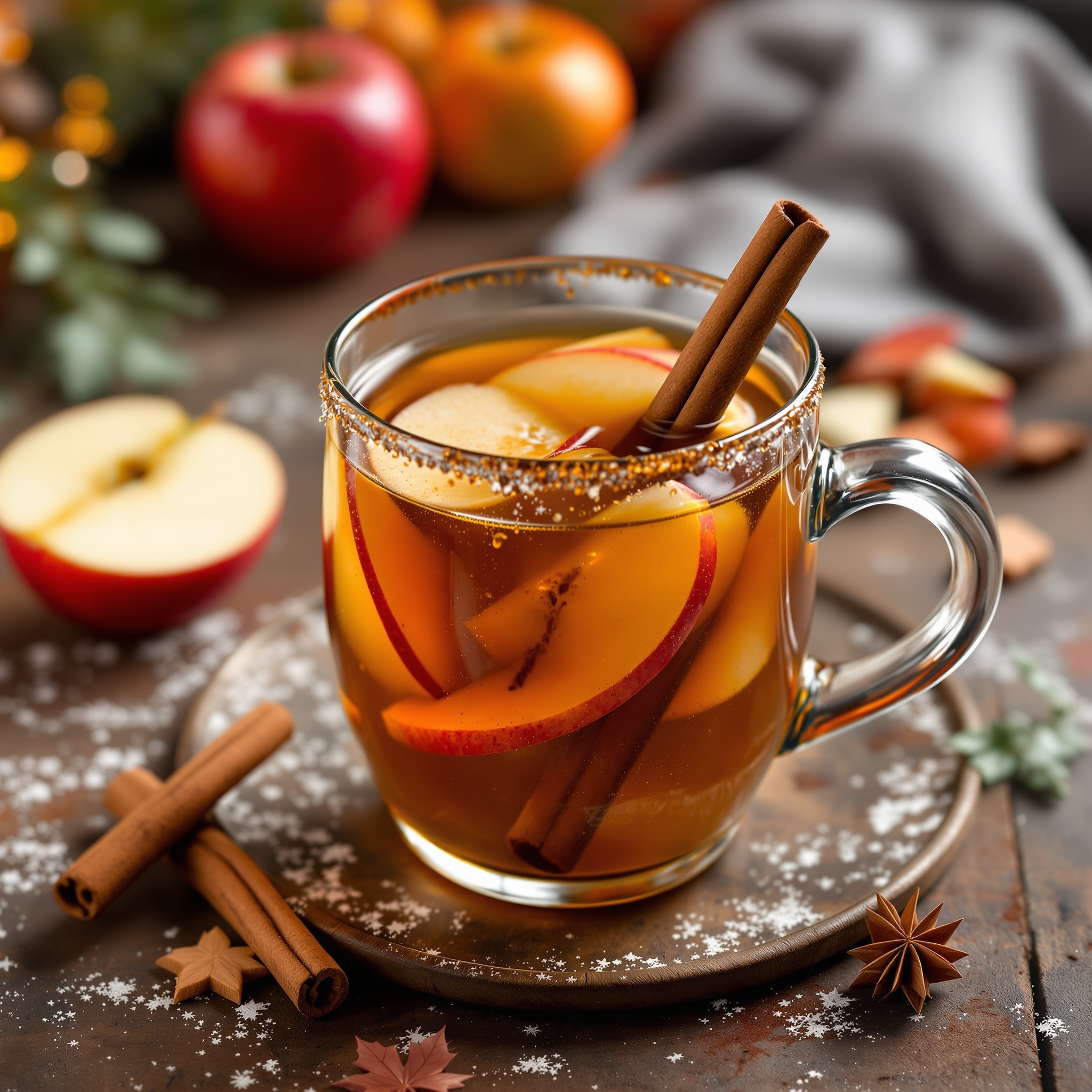 Ein Glas Spiced Apple Cider Punch mit Zimtstangen und Apfelscheiben, umgeben von frischen Äpfeln.