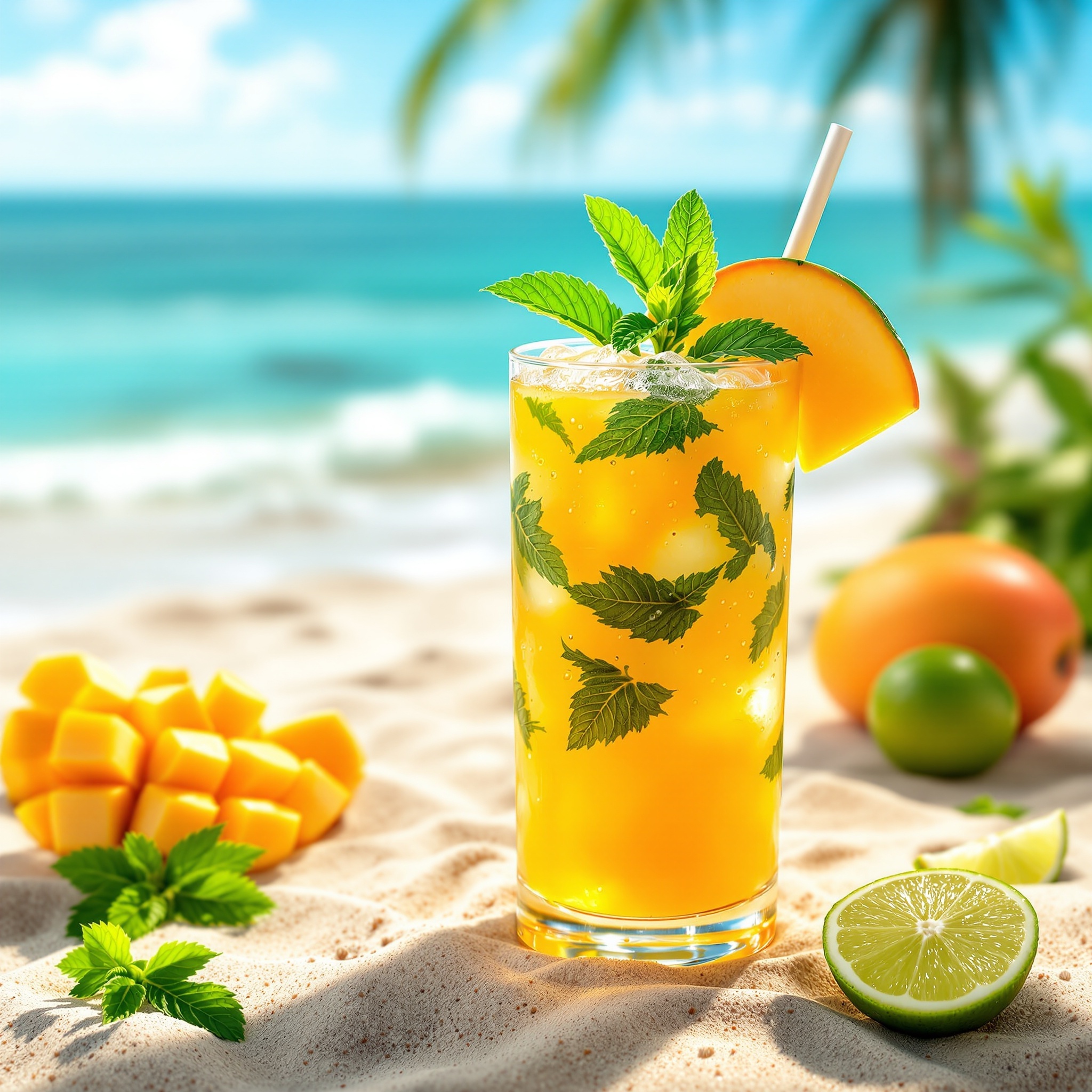 Ein erfrischender Tropical Mango Mojito Mocktail mit Minze und Limette, serviert am Strand.