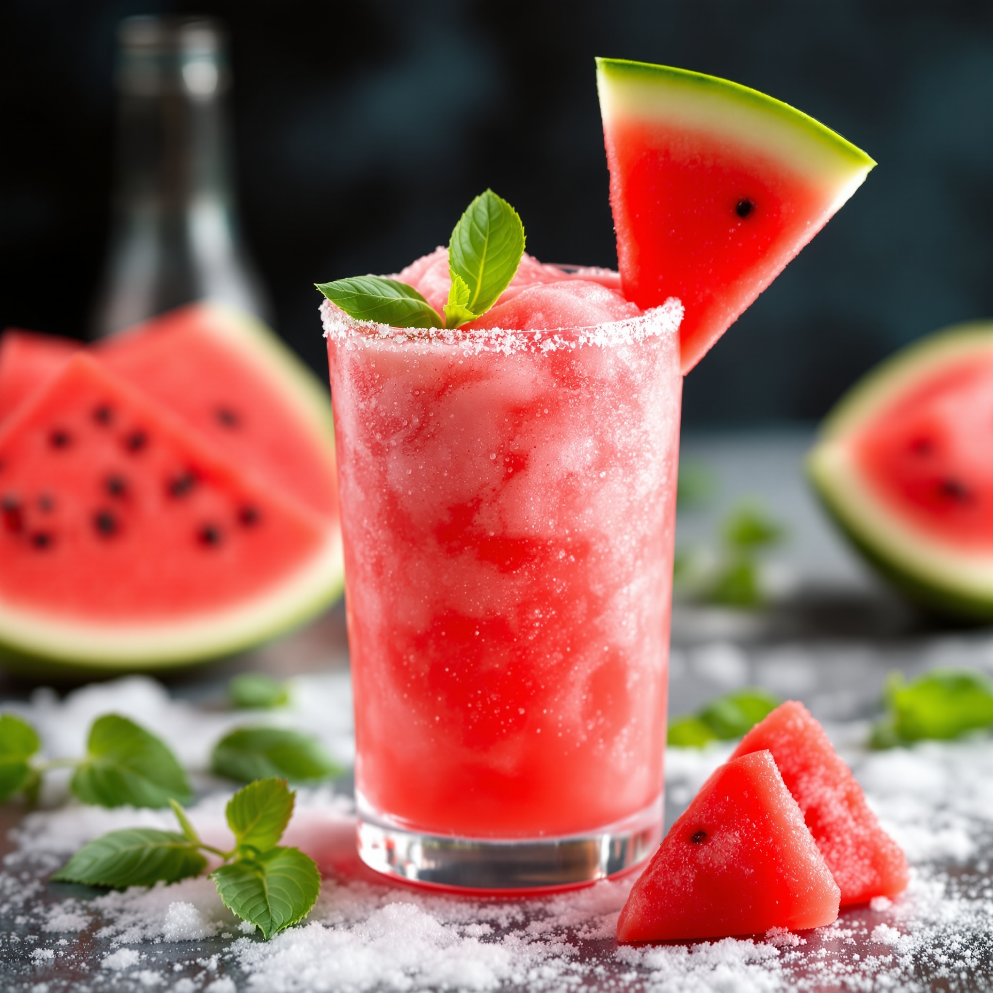 Ein erfrischender Watermelon Basil Slush in einem Glas mit Wassermelonenstücken und Basilikumblättern.