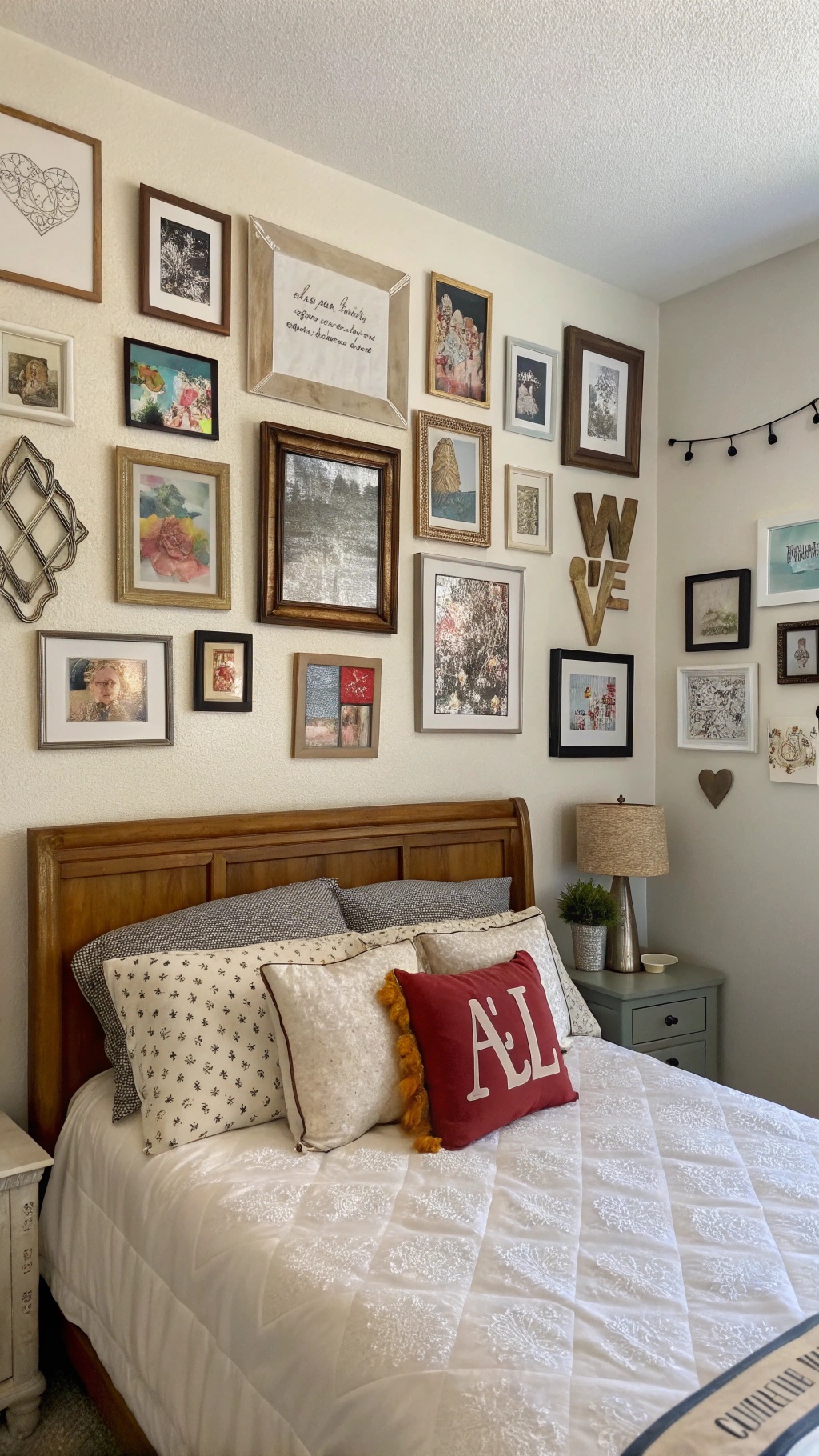 A cozy bedroom with a gallery wall of framed art and personal touches.