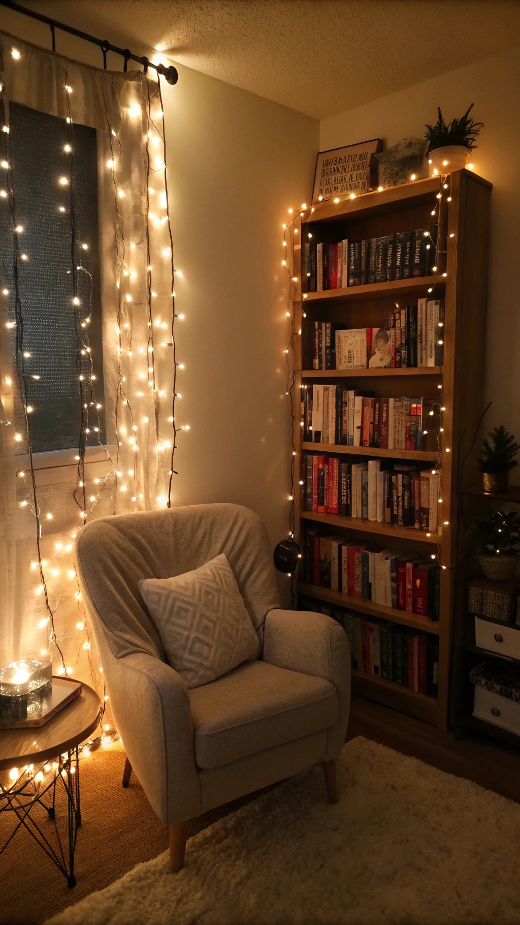 A cozy reading nook with fairy lights draped around a window and bookshelf, creating a warm atmosphere.