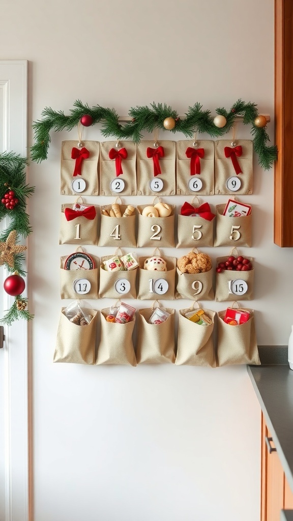 A decorative advent calendar display with numbered pockets and festive decorations.