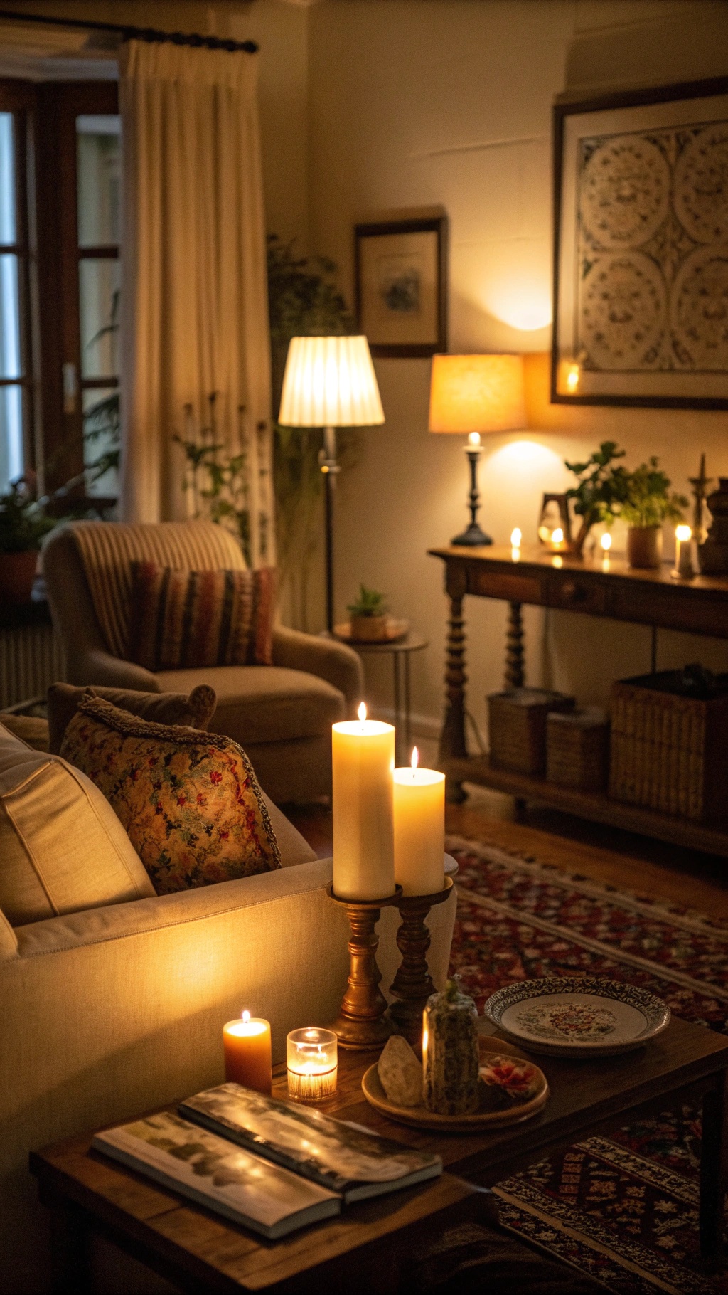 Cozy living room with warm lighting, candles, and comfortable seating.