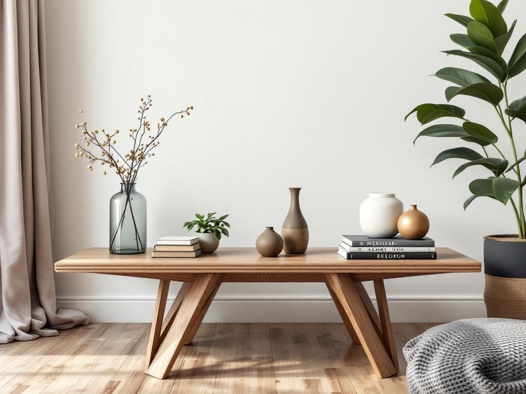 A stylish coffee table featuring books, vases, and plants.