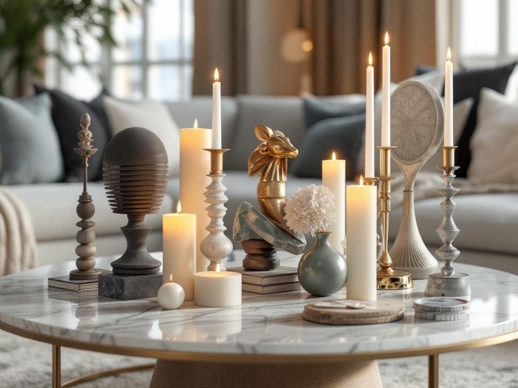 A stylish coffee table arrangement featuring sculptures and candles in various heights and textures.