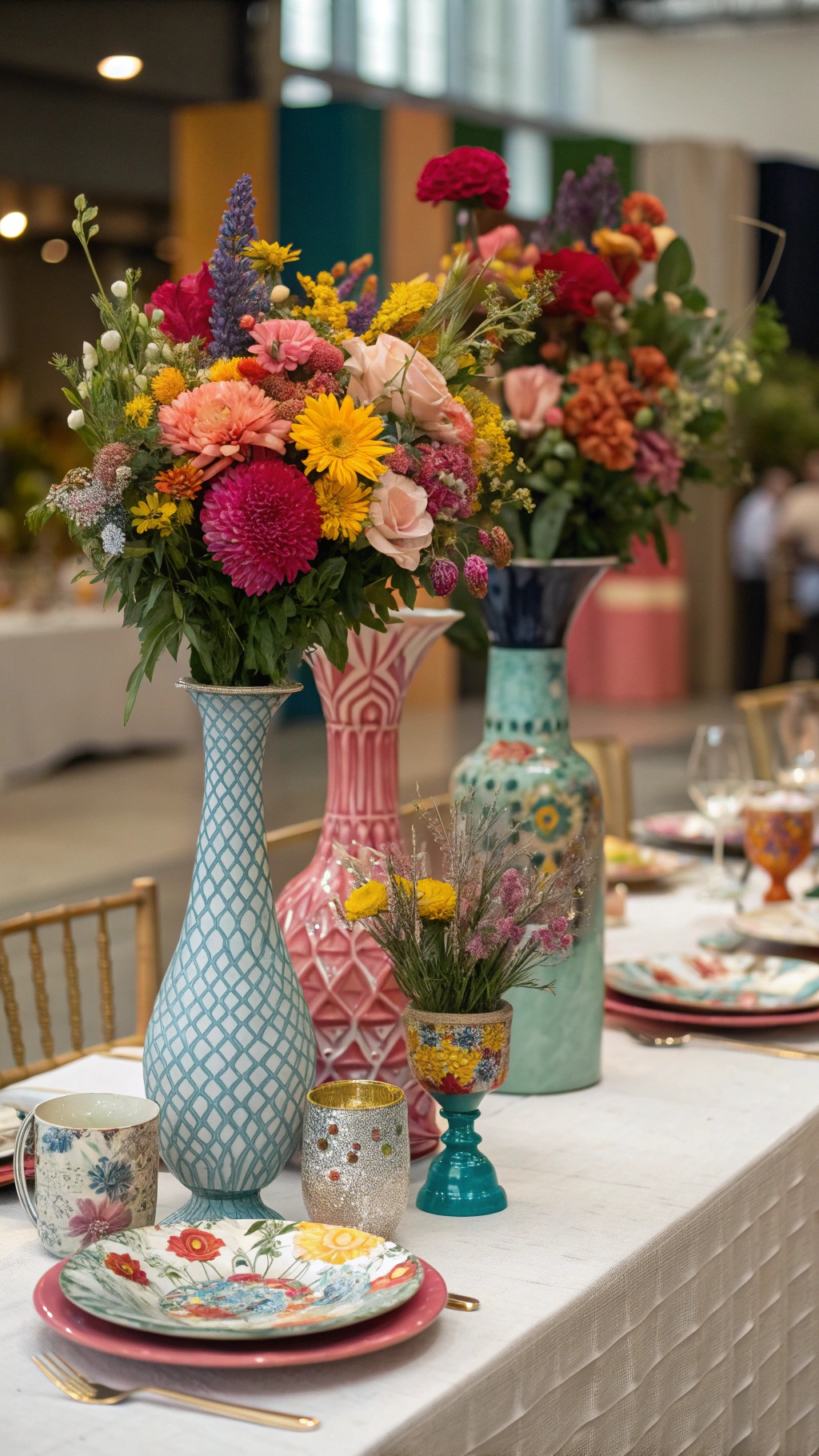 A beautifully arranged Thanksgiving table featuring colorful floral arrangements in various vases.